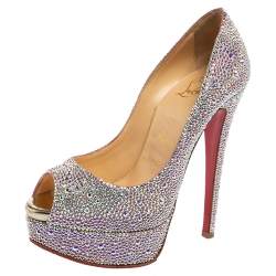 Pre Owned Christian Louboutin Pink/Silver Crystal Embellished Suede Very Riche Pumps Size 36.5