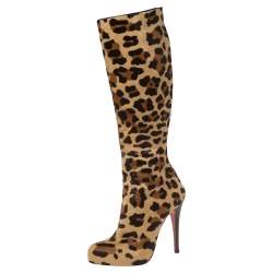 Pre Owned Christian Louboutin Leopard Pony Hair Fifi Botta Knee Boots Size 37