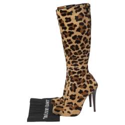 Pre Owned Christian Louboutin Leopard Pony Hair Fifi Botta Knee Boots Size 37