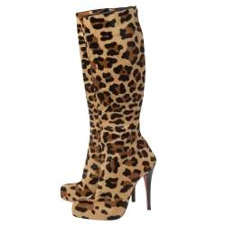 Pre Owned Christian Louboutin Leopard Pony Hair Fifi Botta Knee Boots Size 37
