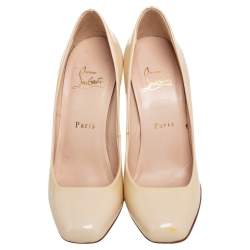 Pre Owned Christian Louboutin Beige Patent Leather Square Toe Pumps Size 38