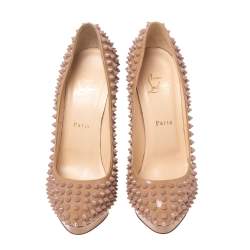 Pre Owned Christian Louboutin Beige Patent Leather Alti Spiked Platform Pumps Size 39