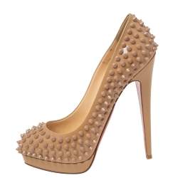 Pre Owned Christian Louboutin Beige Patent Leather Alti Spiked Platform Pumps Size 39