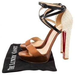 Christian Louboutin Brown/White Python And Leather Platform Ankle Strap Sandals Size 39