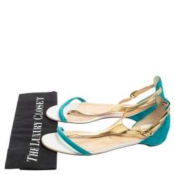 Pre Owned Christian Louboutin Turquoise/Gold Suede and Leather Athena Flat Sandals Size 39.5