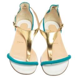 Pre Owned Christian Louboutin Turquoise/Gold Suede and Leather Athena Flat Sandals Size 39.5