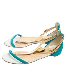 Pre Owned Christian Louboutin Turquoise/Gold Suede and Leather Athena Flat Sandals Size 39.5