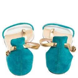 Pre Owned Christian Louboutin Turquoise/Gold Suede and Leather Athena Flat Sandals Size 39.5
