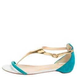 Pre Owned Christian Louboutin Turquoise/Gold Suede and Leather Athena Flat Sandals Size 39.5