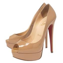 Pre Owned Christian Louboutin Beige Patent Leather Lady Peep Toe Platform Pumps Size 35