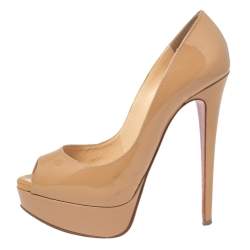 Pre Owned Christian Louboutin Beige Patent Leather Lady Peep Toe Platform Pumps Size 35