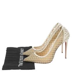 Pre Owned Christian Louboutin Beige Mesh and Spike Embellished Patent Leather Trimmed Guni Pointed-Toe Pumps Size 38.5