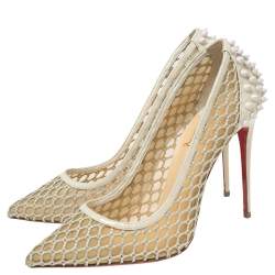 Pre Owned Christian Louboutin Beige Mesh and Spike Embellished Patent Leather Trimmed Guni Pointed-Toe Pumps Size 38.5
