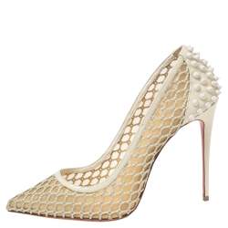 Pre Owned Christian Louboutin Beige Mesh and Spike Embellished Patent Leather Trimmed Guni Pointed-Toe Pumps Size 38.5