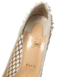 Pre Owned Christian Louboutin Beige Mesh and Spike Embellished Patent Leather Trimmed Guni Pointed-Toe Pumps Size 38.5