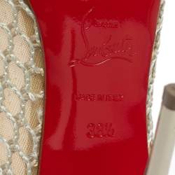 Pre Owned Christian Louboutin Beige Mesh and Spike Embellished Patent Leather Trimmed Guni Pointed-Toe Pumps Size 38.5