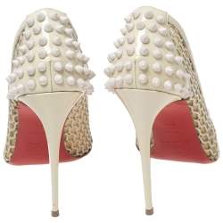 Pre Owned Christian Louboutin Beige Mesh and Spike Embellished Patent Leather Trimmed Guni Pointed-Toe Pumps Size 38.5