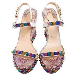 Pre Owned Christian Louboutin Multicolor Leather Studded Cataclou Espadrille Wedge Sandals Size 39