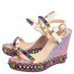 Pre Owned Christian Louboutin Multicolor Leather Studded Cataclou Espadrille Wedge Sandals Size 39