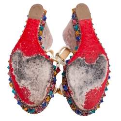 Pre Owned Christian Louboutin Multicolor Leather Studded Cataclou Espadrille Wedge Sandals Size 39