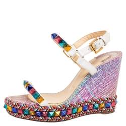 Pre Owned Christian Louboutin Multicolor Leather Studded Cataclou Espadrille Wedge Sandals Size 39