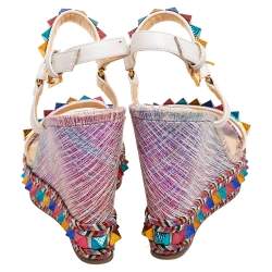 Pre Owned Christian Louboutin Multicolor Leather Studded Cataclou Espadrille Wedge Sandals Size 39