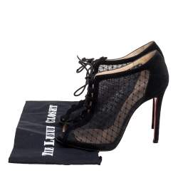 Christian Louboutin Black Mesh and Suede Lace-Up Peep-Toe Booties Size 38.5 