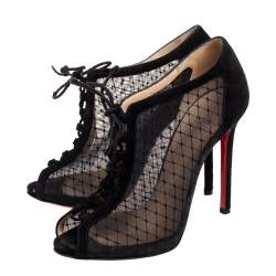 Christian Louboutin Black Mesh and Suede Lace-Up Peep-Toe Booties Size 38.5 