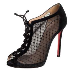 Christian Louboutin Black Mesh and Suede Lace-Up Peep-Toe Booties Size 38.5 