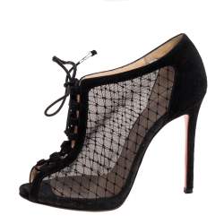 Christian Louboutin Black Mesh and Suede Lace-Up Peep-Toe Booties Size 38.5 