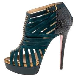Christian Louboutin Dark Teal Suede and Python Leather Caged Karina Booties Size 38.5