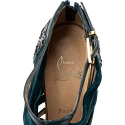 Christian Louboutin Dark Teal Suede and Python Leather Caged Karina Booties Size 38.5