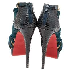 Christian Louboutin Dark Teal Suede and Python Leather Caged Karina Booties Size 38.5