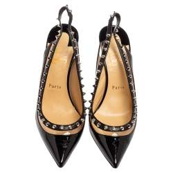 Pre Owned Christian Louboutin Black Patent Leather and PVC Brigadine Spike Slingback Pumps Size 38.5
