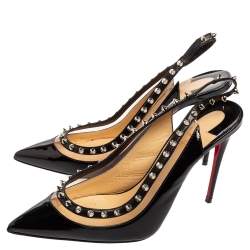 Pre Owned Christian Louboutin Black Patent Leather and PVC Brigadine Spike Slingback Pumps Size 38.5