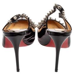 Pre Owned Christian Louboutin Black Patent Leather and PVC Brigadine Spike Slingback Pumps Size 38.5