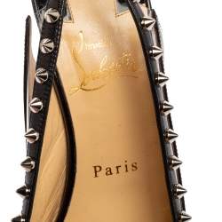 Pre Owned Christian Louboutin Black Patent Leather and PVC Brigadine Spike Slingback Pumps Size 38.5