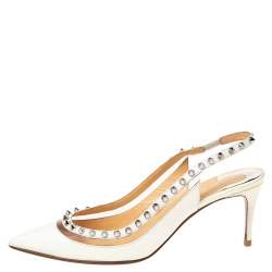 Pre Owned Christian Louboutin Off-White Patent Leather and PVC Brigandine Spike Slingback Pumps Size 38