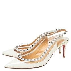 Pre Owned Christian Louboutin Off-White Patent Leather and PVC Brigandine Spike Slingback Pumps Size 38