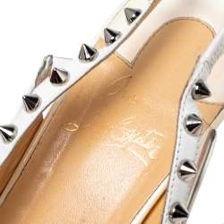 Pre Owned Christian Louboutin Off-White Patent Leather and PVC Brigandine Spike Slingback Pumps Size 38