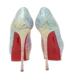 مملوكة مسبقًا حذاء كعب عالي كريستيان لوبوتان ليدي سويدي لامع متعدد الألوان مقدمة مفتوحة نعل سميك مقاس 36