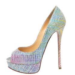 مملوكة مسبقًا حذاء كعب عالي كريستيان لوبوتان ليدي سويدي لامع متعدد الألوان مقدمة مفتوحة نعل سميك مقاس 36