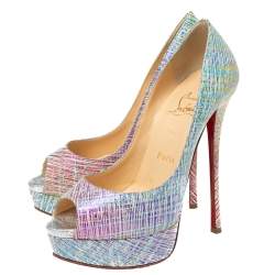 مملوكة مسبقًا حذاء كعب عالي كريستيان لوبوتان ليدي سويدي لامع متعدد الألوان مقدمة مفتوحة نعل سميك مقاس 36