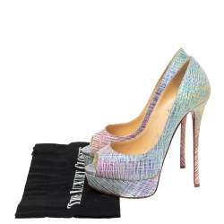مملوكة مسبقًا حذاء كعب عالي كريستيان لوبوتان ليدي سويدي لامع متعدد الألوان مقدمة مفتوحة نعل سميك مقاس 36