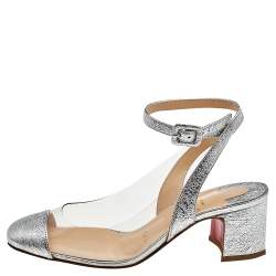 Christian Louboutin Silver Crinkled Leather And PVC Asticocotte Ankle Strap Sandals Size 35