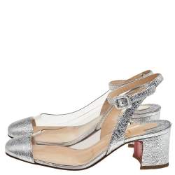 Christian Louboutin Silver Crinkled Leather And PVC Asticocotte Ankle Strap Sandals Size 35