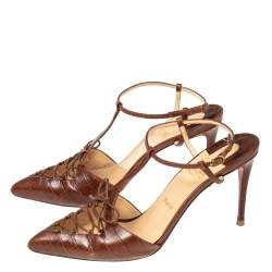 مملوكة مسبقًا حذاء كعب عالي كريستيان لوبوتان كروكوكيوتي جلد نقشة التمساح بني بحزام للكاحل مقاس 40