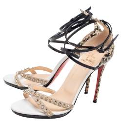 Christian Louboutin Tri-Color Suede and Printed Patent Leather Monocronana Spikes Sandals Size 39