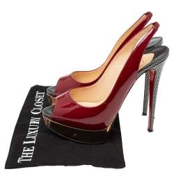 Pre Owned Christian Louboutin Burgundy Patent Leather Lady Peep-Toe Slingback Pumps Size 39.5