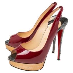 Pre Owned Christian Louboutin Burgundy Patent Leather Lady Peep-Toe Slingback Pumps Size 39.5